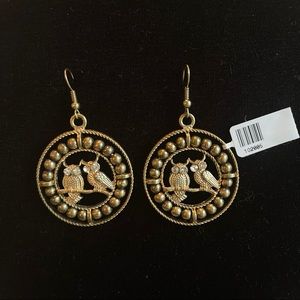 Gold & Crystal Two Owl Earrings